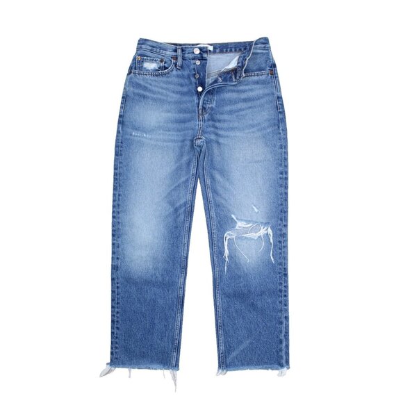 Re/Done Jeans 70s Stove Pipe Raw Hem 28 Blue High Rise Denim Button Fly Distress - Picture 1 of 6